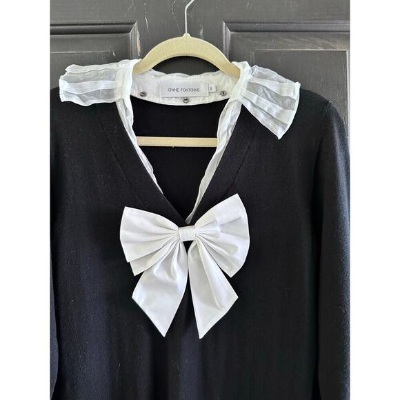 Anne Fontaine Women's Black White Wool Bow Front V-Neck Dress Size 42 - Picture 5 of 10